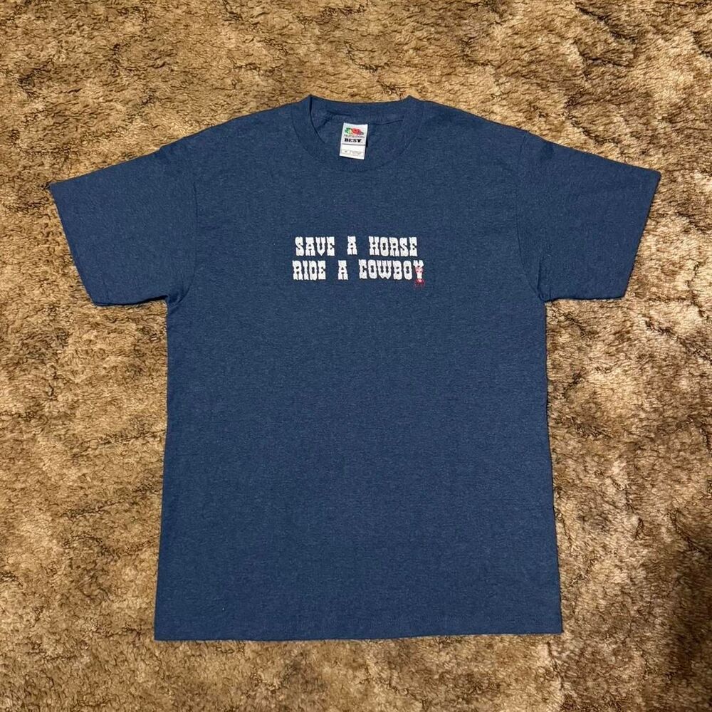 Vintage "Save A Horse Ride A Cowboy" Country Novelty Tee Navy Blue Medium
